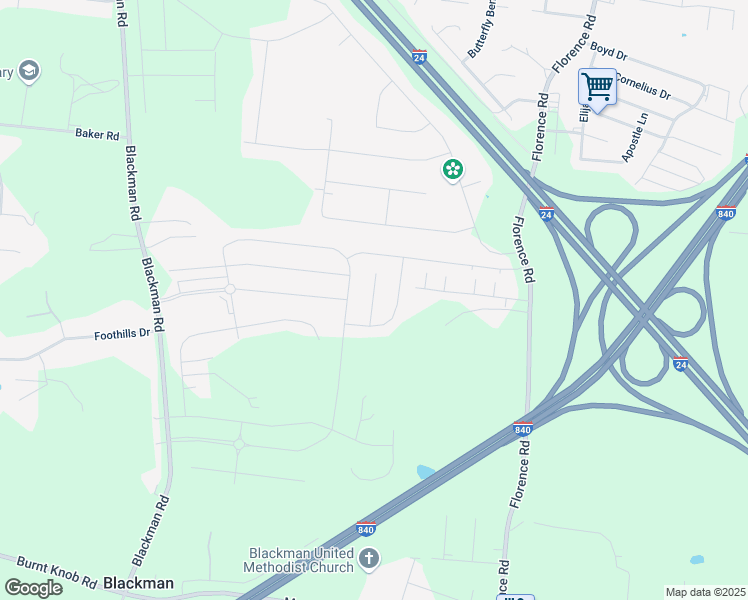 map of restaurants, bars, coffee shops, grocery stores, and more near 5309 Bridgemore Boulevard in Rutherford County