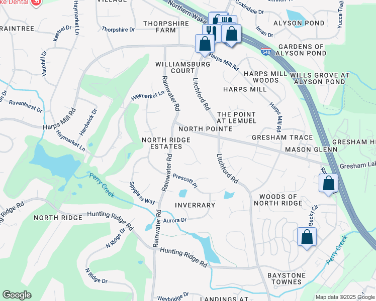 map of restaurants, bars, coffee shops, grocery stores, and more near 1916 Torrey Pines Place in Raleigh