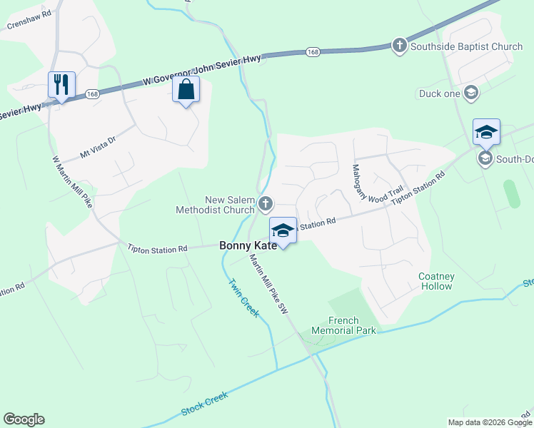 map of restaurants, bars, coffee shops, grocery stores, and more near 2417 Tipton Station Road in Knoxville