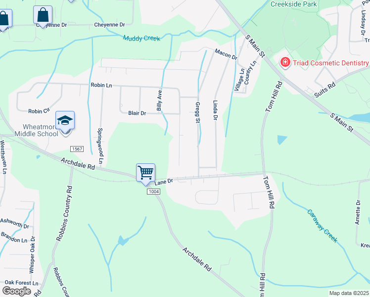 map of restaurants, bars, coffee shops, grocery stores, and more near 217 Blair Court in Archdale