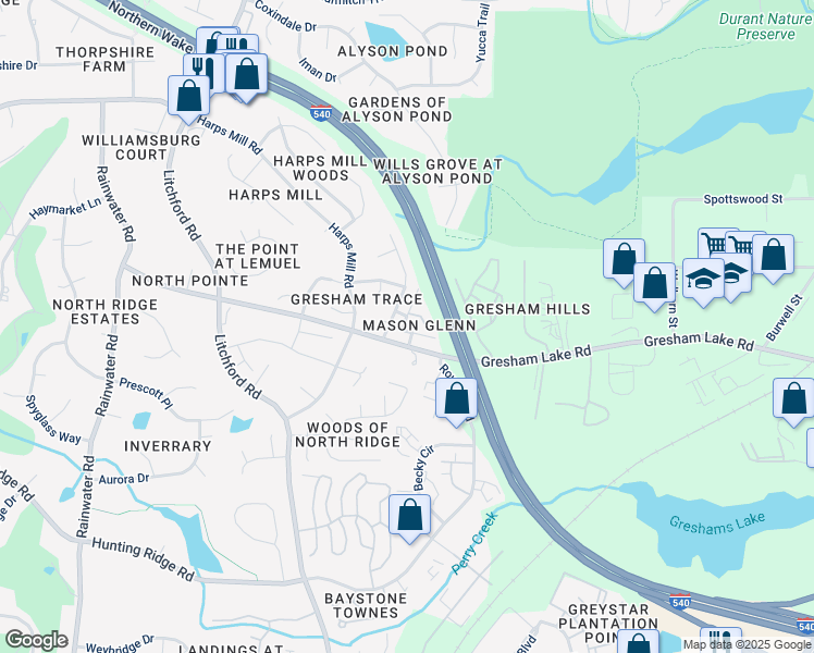 map of restaurants, bars, coffee shops, grocery stores, and more near 7946 Dukes Dynasty Drive in Raleigh