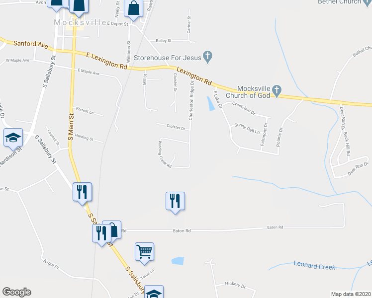map of restaurants, bars, coffee shops, grocery stores, and more near 258 Charleston Ridge Drive in Mocksville