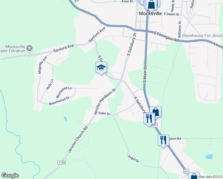map of restaurants, bars, coffee shops, grocery stores, and more near 805 Jericho Hardison Street in Mocksville