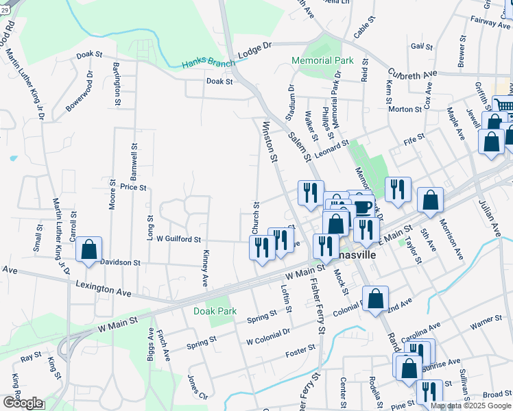 map of restaurants, bars, coffee shops, grocery stores, and more near Church Street in Thomasville