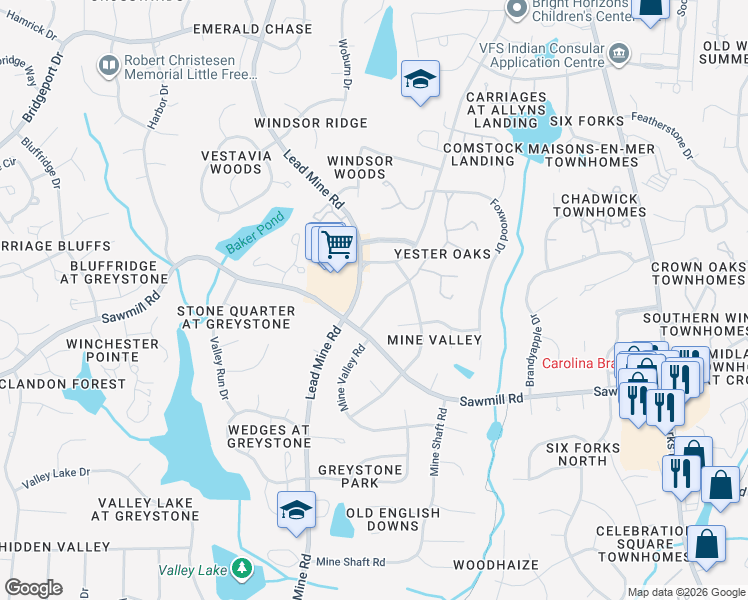 map of restaurants, bars, coffee shops, grocery stores, and more near 7708 Cart Track Trail in Raleigh