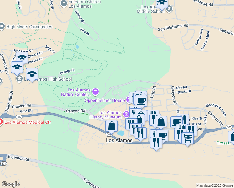 map of restaurants, bars, coffee shops, grocery stores, and more near 1876 24th Street in Los Alamos