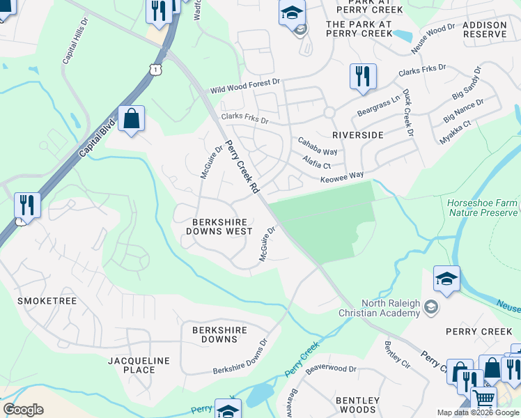 map of restaurants, bars, coffee shops, grocery stores, and more near 5112 Duckworth Court in Raleigh