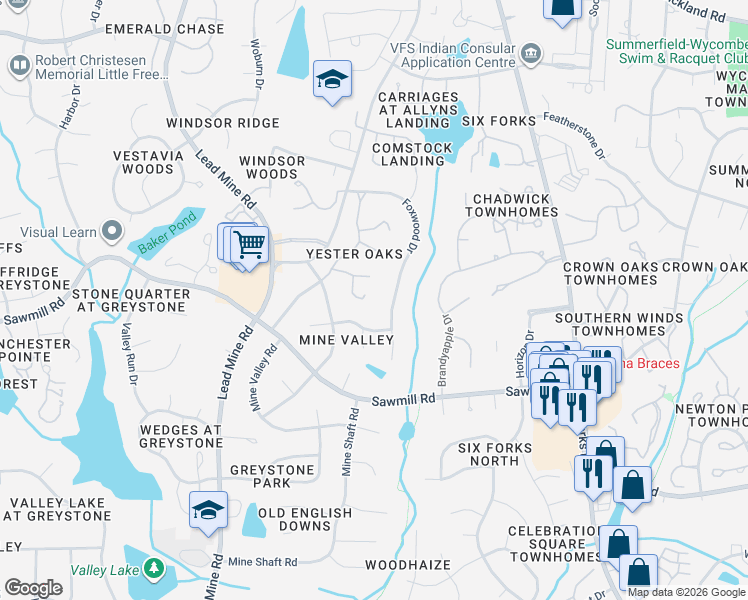 map of restaurants, bars, coffee shops, grocery stores, and more near 7813 Nugget Lane in Raleigh