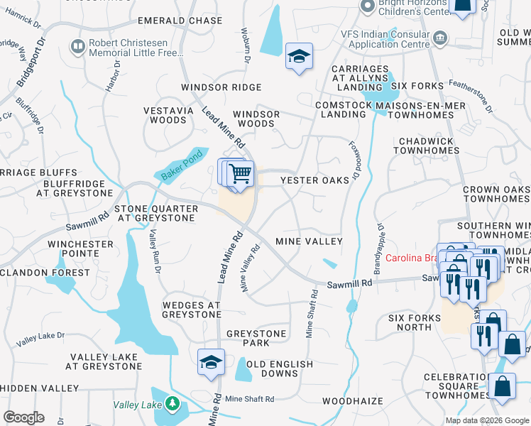 map of restaurants, bars, coffee shops, grocery stores, and more near 7708 Cart Track Trail in Raleigh