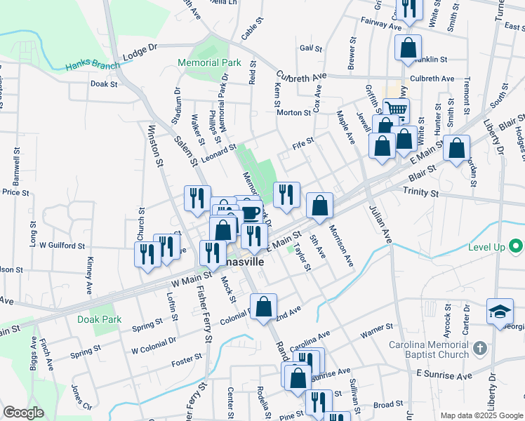 map of restaurants, bars, coffee shops, grocery stores, and more near 11 Commerce Street in Thomasville