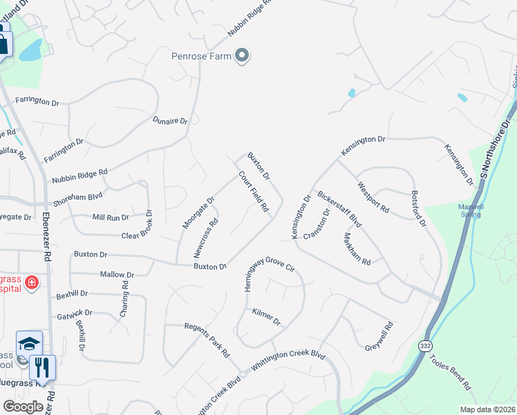 map of restaurants, bars, coffee shops, grocery stores, and more near 1452 Buxton Drive in Knoxville