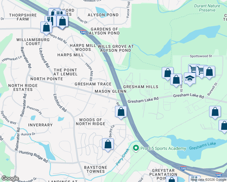 map of restaurants, bars, coffee shops, grocery stores, and more near 2635 Stewart Pines Drive in Raleigh