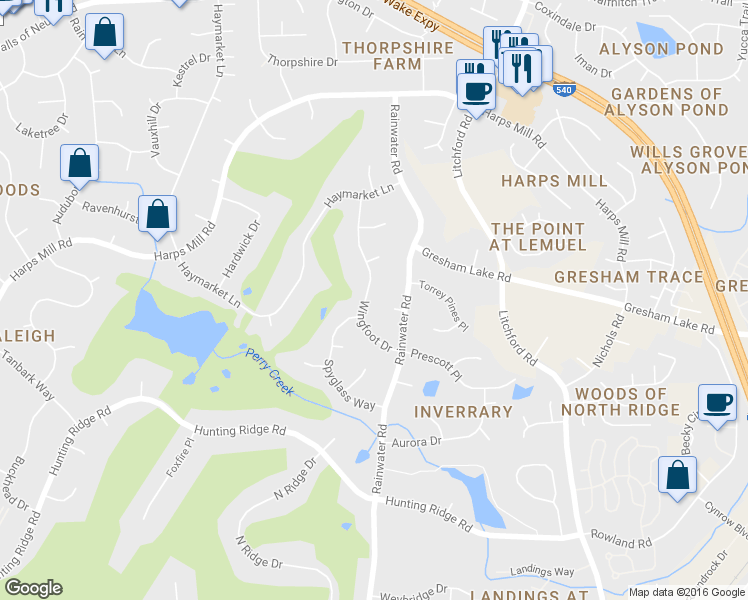 map of restaurants, bars, coffee shops, grocery stores, and more near 7508 Wingfoot Drive in Raleigh