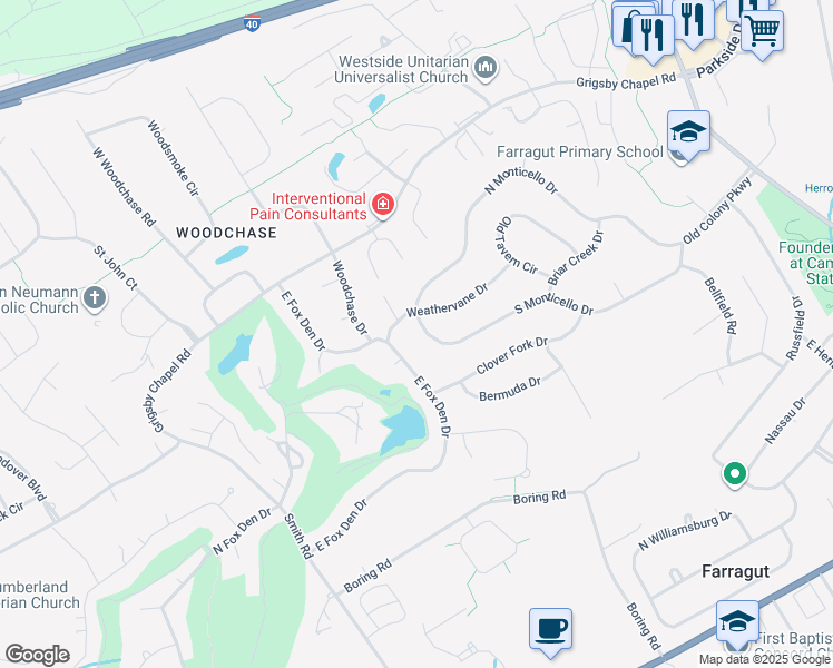 map of restaurants, bars, coffee shops, grocery stores, and more near 11736 Weathervane Drive in Knoxville