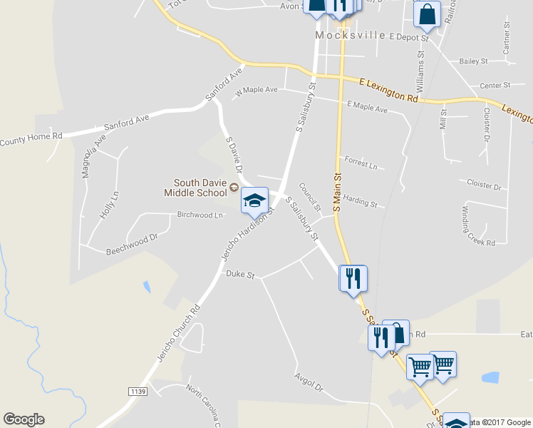 map of restaurants, bars, coffee shops, grocery stores, and more near 805 Jericho Hardison Street in Mocksville