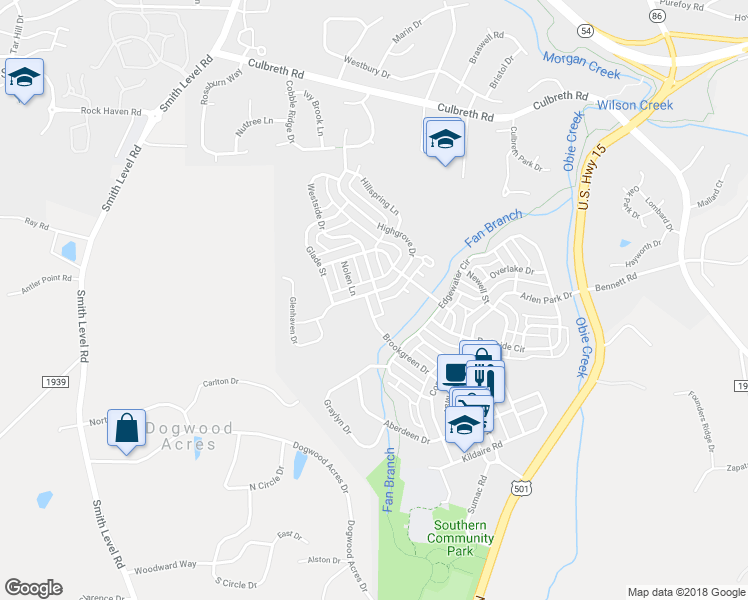 map of restaurants, bars, coffee shops, grocery stores, and more near 608 Brookgreen Drive in Chapel Hill