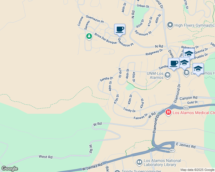map of restaurants, bars, coffee shops, grocery stores, and more near 1047 49th Street in Los Alamos
