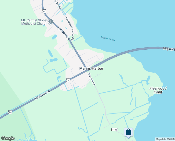 map of restaurants, bars, coffee shops, grocery stores, and more near 1846 Shipyard Road in Manns Harbor