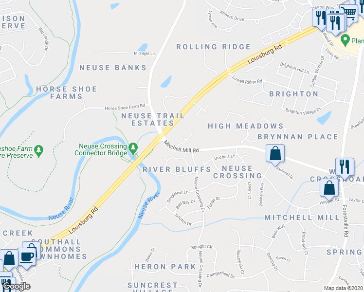 map of restaurants, bars, coffee shops, grocery stores, and more near 7933 Mandrel Way in Raleigh