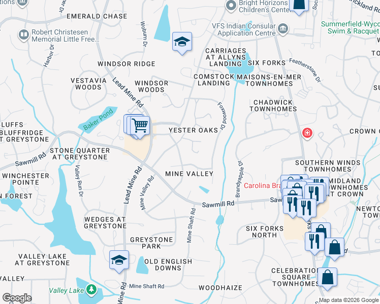 map of restaurants, bars, coffee shops, grocery stores, and more near 7905 Yester Court in Raleigh