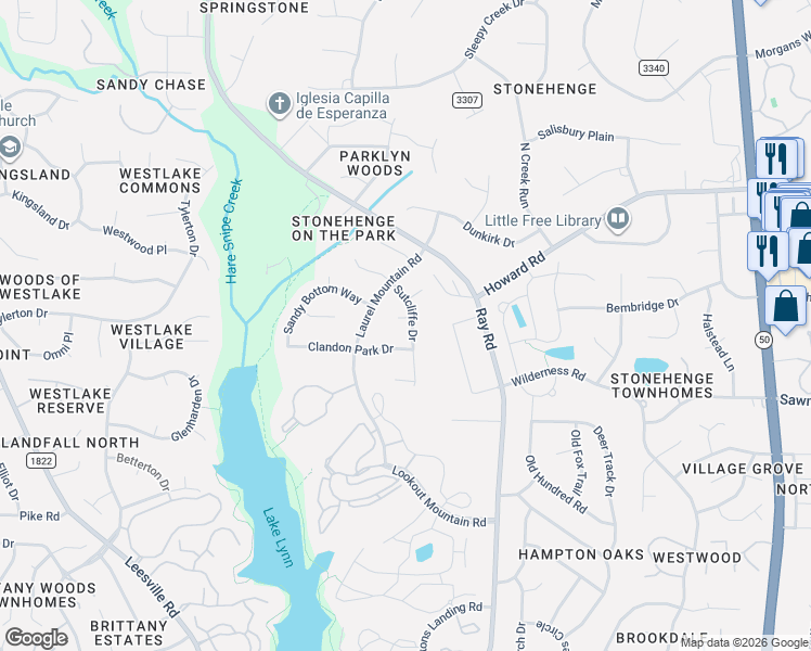 map of restaurants, bars, coffee shops, grocery stores, and more near 8000 Llewellyn Court in Raleigh