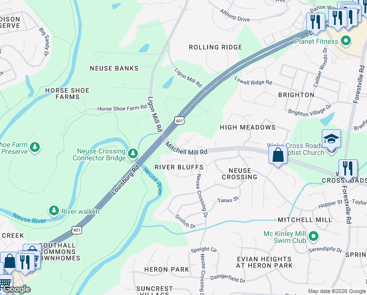 map of restaurants, bars, coffee shops, grocery stores, and more near 7933 Mandrel Way in Raleigh