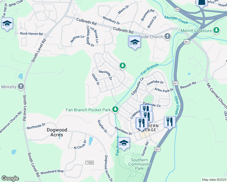 map of restaurants, bars, coffee shops, grocery stores, and more near 608 Brookgreen Drive in Chapel Hill