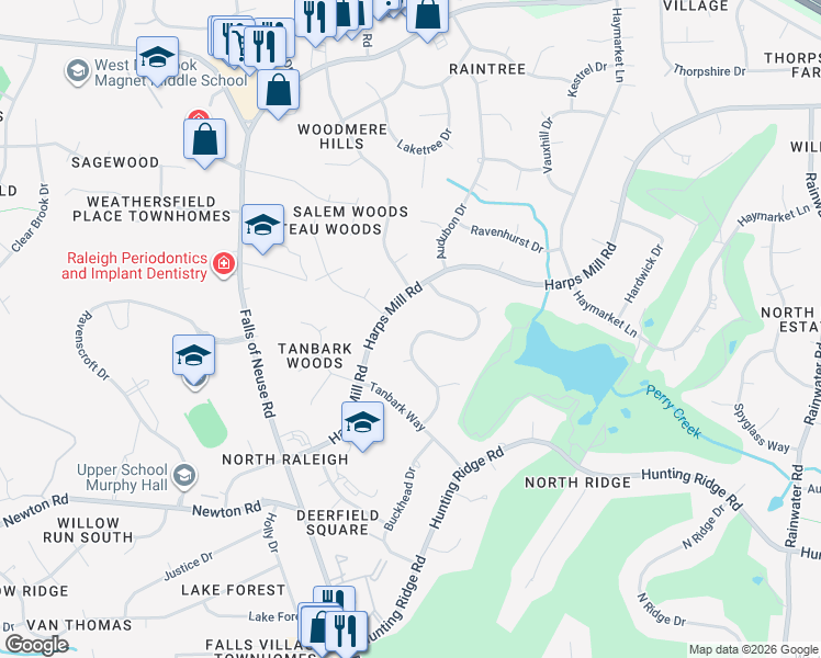 map of restaurants, bars, coffee shops, grocery stores, and more near 7309 Grist Mill Road in Raleigh