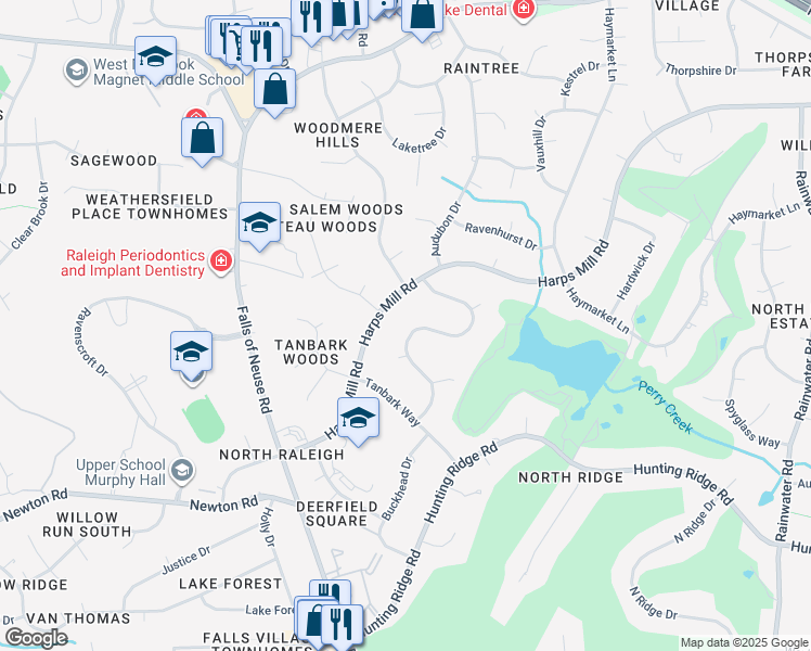 map of restaurants, bars, coffee shops, grocery stores, and more near 7309 Grist Mill Road in Raleigh