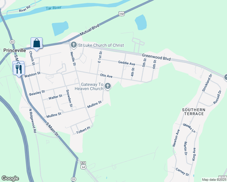 map of restaurants, bars, coffee shops, grocery stores, and more near East 3rd Street in Robersonville