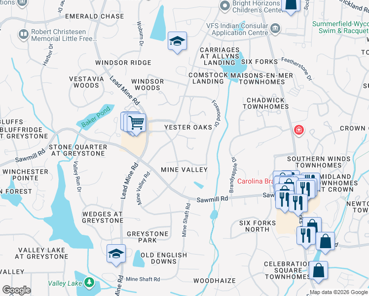 map of restaurants, bars, coffee shops, grocery stores, and more near 7905 Yester Court in Raleigh