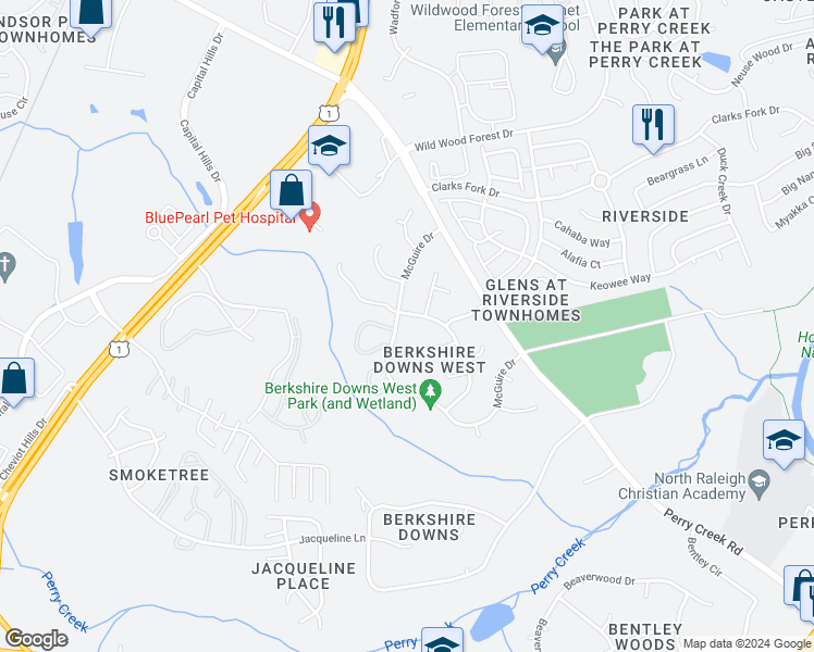 map of restaurants, bars, coffee shops, grocery stores, and more near 8284 McGuire Drive in Raleigh