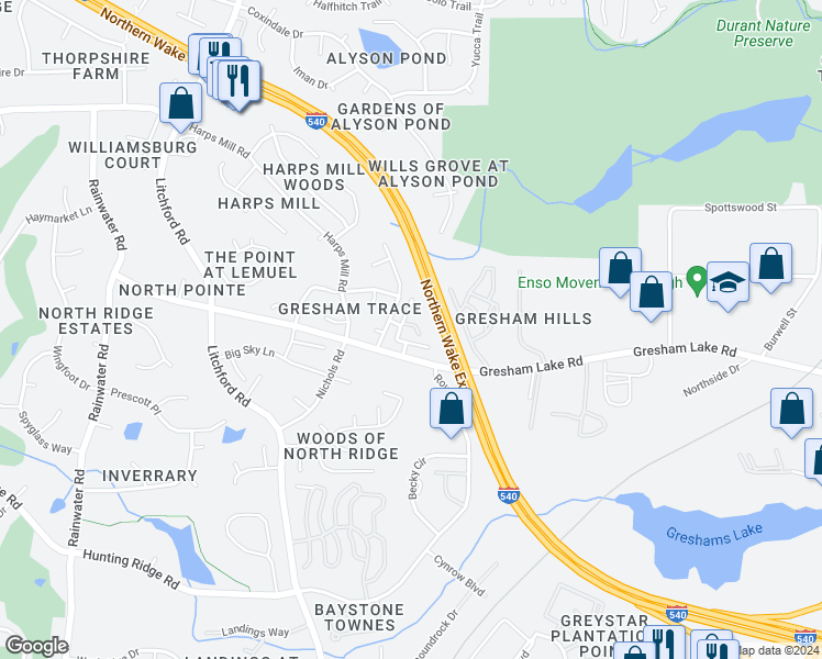 map of restaurants, bars, coffee shops, grocery stores, and more near 2614 Stewart Pines Drive in Raleigh