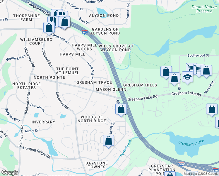 map of restaurants, bars, coffee shops, grocery stores, and more near 2608 Stewart Pines Drive in Raleigh