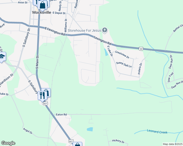 map of restaurants, bars, coffee shops, grocery stores, and more near 121 Winding Creek Road in Mocksville