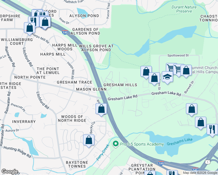 map of restaurants, bars, coffee shops, grocery stores, and more near 3401 Bremer Hall Court in Raleigh
