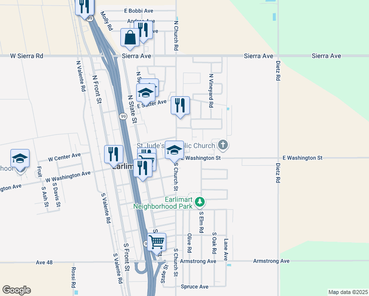 map of restaurants, bars, coffee shops, grocery stores, and more near 239 North Church Road in Earlimart