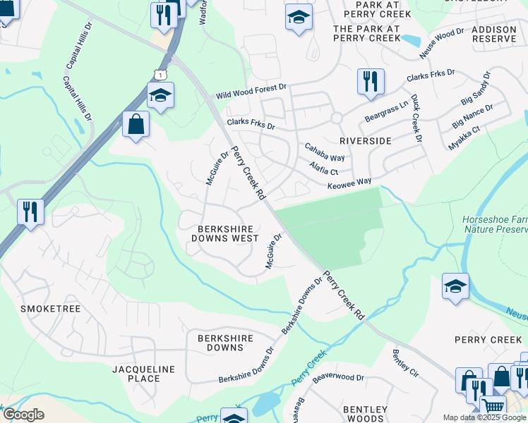 map of restaurants, bars, coffee shops, grocery stores, and more near 8040 Perry Creek Road in Raleigh