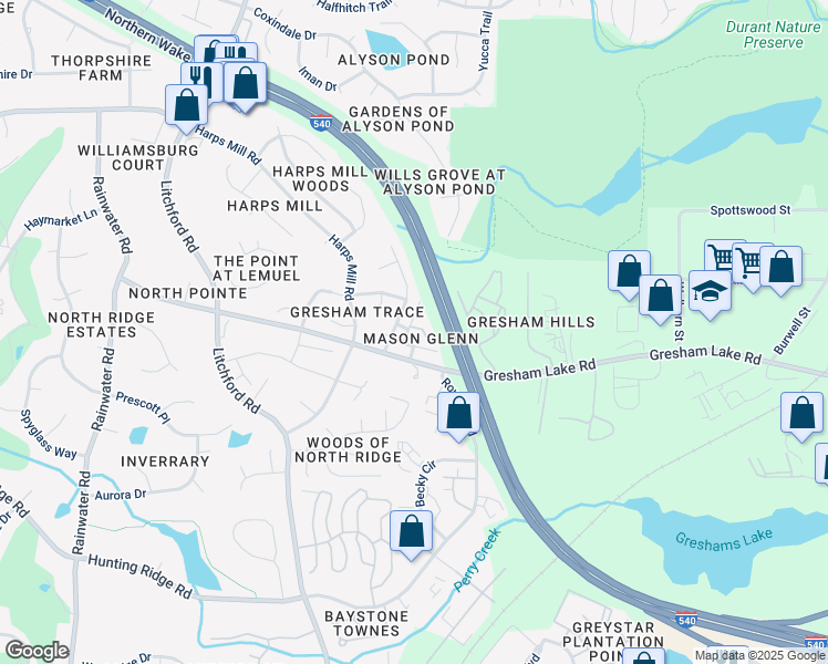 map of restaurants, bars, coffee shops, grocery stores, and more near 2608 Stewart Pines Drive in Raleigh
