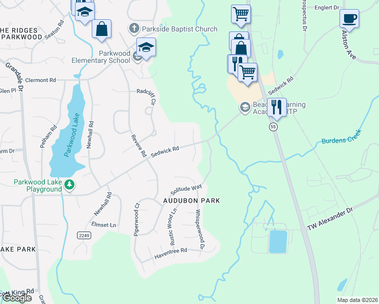 map of restaurants, bars, coffee shops, grocery stores, and more near 5500 Frenchmans Creek Drive in Durham