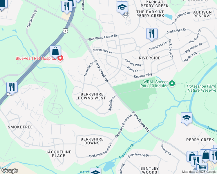 map of restaurants, bars, coffee shops, grocery stores, and more near 8040 Perry Creek Road in Raleigh