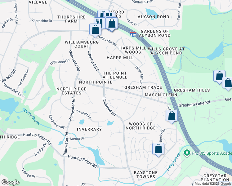 map of restaurants, bars, coffee shops, grocery stores, and more near 2312 Gresham Lake Road in Raleigh