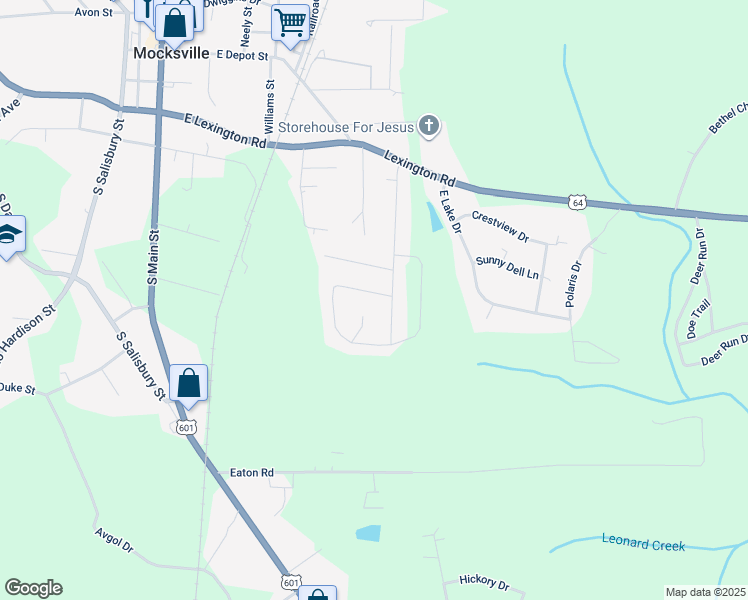 map of restaurants, bars, coffee shops, grocery stores, and more near 121 Winding Creek Road in Mocksville