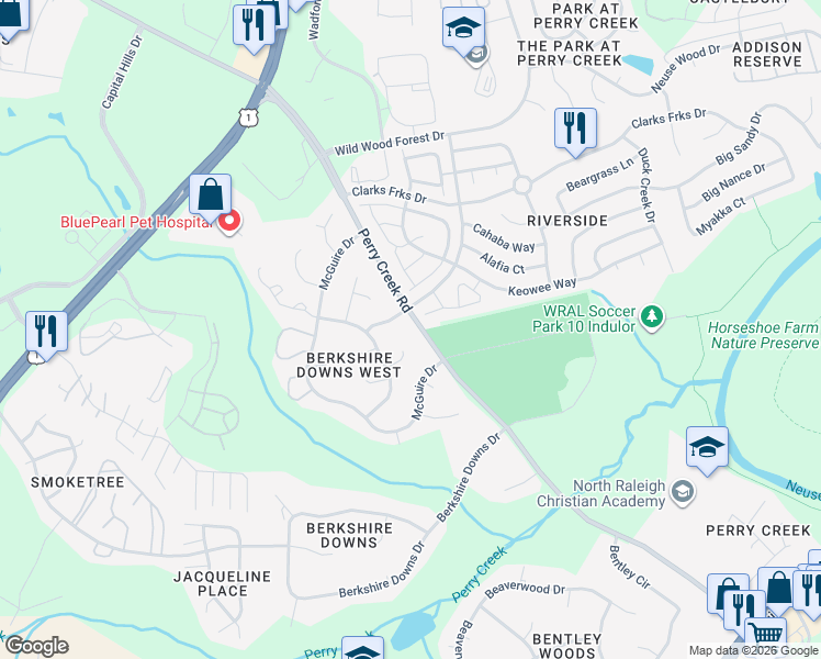 map of restaurants, bars, coffee shops, grocery stores, and more near 8031 Perry Creek Road in Raleigh