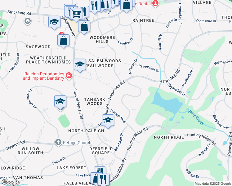 map of restaurants, bars, coffee shops, grocery stores, and more near 7324 Harps Mill Road in Raleigh