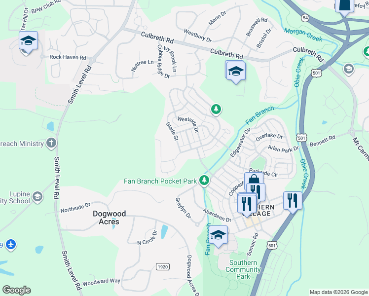 map of restaurants, bars, coffee shops, grocery stores, and more near 109 Glade Street in Chapel Hill