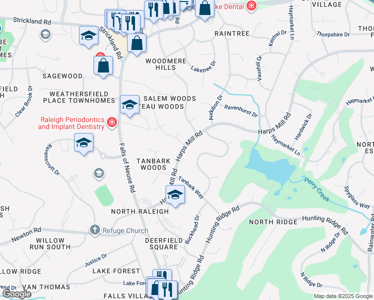 map of restaurants, bars, coffee shops, grocery stores, and more near 7324 Harps Mill Road in Raleigh