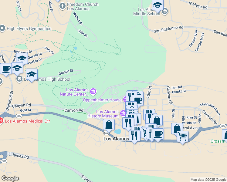 map of restaurants, bars, coffee shops, grocery stores, and more near 2019 23rd Street in Los Alamos