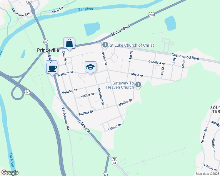 map of restaurants, bars, coffee shops, grocery stores, and more near 301-305 Neville Street in Princeville