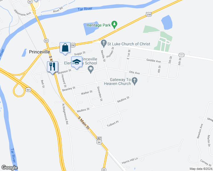 map of restaurants, bars, coffee shops, grocery stores, and more near 301-305 Neville Street in Princeville